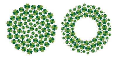 Quatrefoil clover leaves Circular Background Texture and Round Frame. St Patrick Copy space Template. Isolated illustration St Patrick Day greeting, thematic cards or web promo banner, leaflets vector