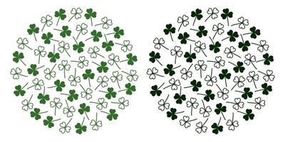 Outline and Silhouette shamrock St Patrick Day Circular Background Texture Monochrome Minimalism Set. Isolated illustration Greeting cards, poster, price tag, label or web promo leaflet, banner vector