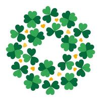 Shamrock, Quatrefoil and decorative hearts Circular frame border. Greeting Copy space Text Template. Isolated illustration St Patrick greetings, thematic cards or web promo banner, leaflet, tag vector