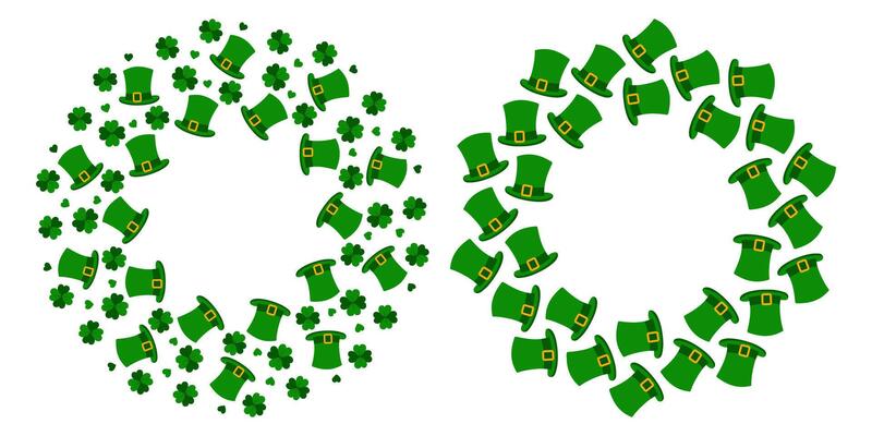 Leprechaun hat, Quatrefoil, Shamrock and decorative hearts Circular Frames. St Patrick Day Template. Isolated illustration Thematic or Greeting cards, price, label or web promo banner, leaflets