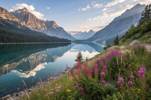 mountains and flowers are reflected in a lake with beautiful nature photo