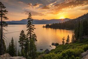 the sun sets over a lake surrounded by trees photo