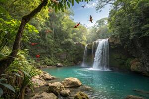 waterfall in the jungle with birds flying over it photo