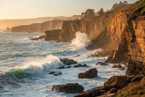 the sun sets over the ocean and cliffs at the coast photo