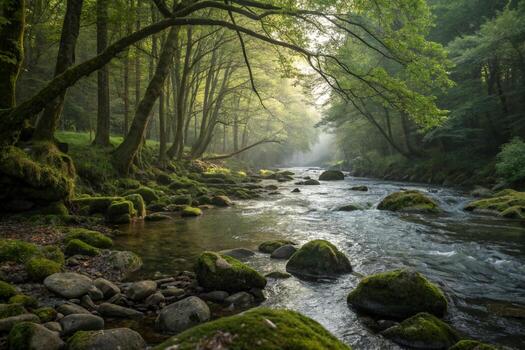 a river runs through a forest with mossy trees photo