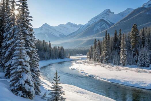 a river runs through a snowy forest with trees and mountains in the background photo