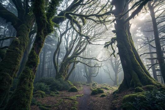 un camino mediante un bosque con cubierto de musgo arboles foto