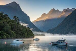 boats in the water near mountains and fog photo