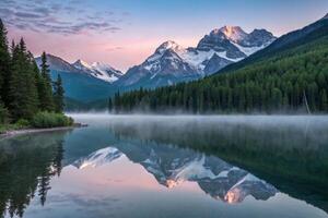 mountains and trees are reflected in a lake photo