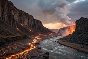 the lava flows into the river at sunset photo