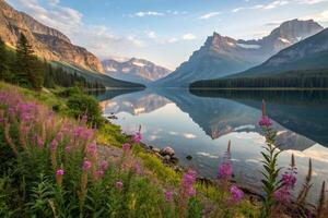 mountains and flowers are reflected in a lake photo