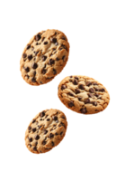 Chocolate chip cookies with pieces of chocolate and dough falling gracefully highlighting their delicious texture and flavor ideal for food-related visuals and snack advertisements png