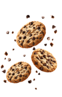 falling chocolate chip cookies . Chocolate chip cookie with chocolate and dough pieces falling down . Cookie pieces falling from the top for candy campaigns isolated. chocolate cookies flying png
