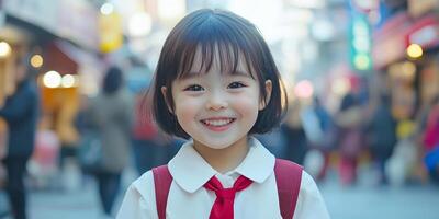 A little girl with short hair, wearing a white school uniform and red tie, smiling at the camera photo