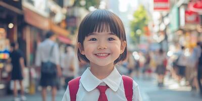 A cute little girl is wearing a white school uniform and red tie, smiling at the camera photo