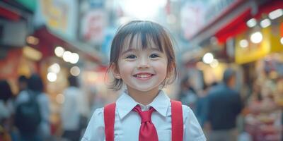 Adorable girl with short hair, wearing a white school uniform and red tie, smiling at the camera photo