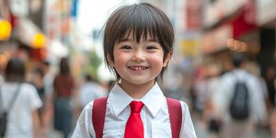 A young boy in a school uniform smiling photo