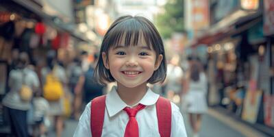 A cute little girl with short hair, wearing a white school uniform and red tie photo
