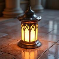 Art Deco Lantern Casting Warm Glow on Marble Tiles photo