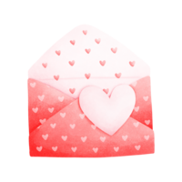 Watercolor painting of a red envelope. The inside of the envelope is light pink. There is a small heart pattern inside and a pink heart attached to the outside. It represents Valentine's Day. png