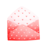 Watercolor painting of a red envelope. The inside of the envelope is light pink with a small heart pattern inside, representing Valentine's Day. png