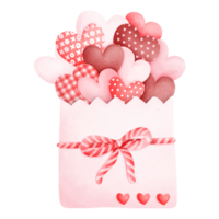 Watercolor painting of a white envelope tied with a red and white string as a bow and many red hearts overflowing from the envelope, Retro Valentine's Day envelope png