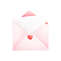 Watercolor painting of a white envelope with red interior, a red heart in the center and a piece of paper inside, a vintage Valentine's Day envelope png