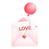 Watercolor painting of a white envelope with red interior, a red heart in the center and a piece of paper inside with the word love written on it, decorated with red balloons. png