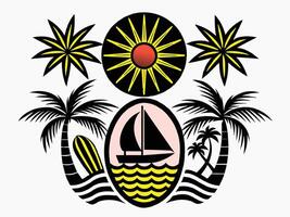 logos with palm trees, suns, waves, and sunset imagery clean shape vector