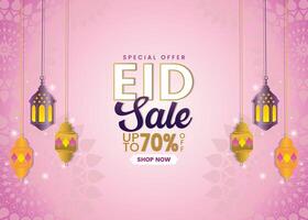Eid sale, web header or banner design with arabian lanterns, crescent moon, and up to 70 percent discount offers on color background. vector