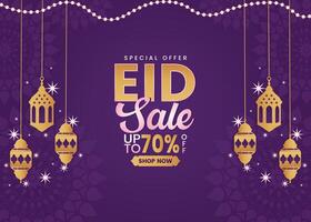 Celebrate Eid with our exclusive sale. Up to 70 percent off on your favorite items features Arabian lanterns, a crescent moon, and a vibrant colorful background. Shop now. vector