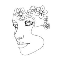 Woman's face in continuous line art, merged with flowers, maintaining simplicity and elegance. vector
