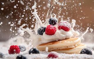 Pancakes stacked high with fresh raspberries and blueberries are splashed with a creamy topping in a dynamic kitchen setting. The scene captures the joy of cooking and fresh ingredients photo