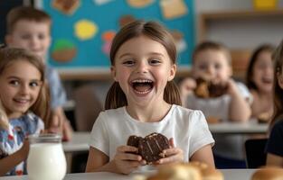 A group of children participates in national school breakfast week. They share joyful moments while enjoying tasty pastries and drinks in a classroom setting filled with colorful decorations photo