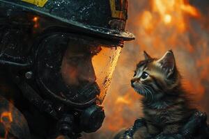A firefighter in protective gear holds a frightened kitten close while navigating through a raging fire. The intensity of the flames highlights the emotional bond between them photo