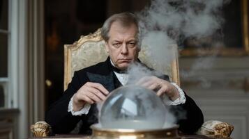 A sorcerer sits at an ornate table, intricately dressed and focused on a glowing orb surrounded by smoke. The rich decor highlights the magical atmosphere of smoke and mirrors day photo