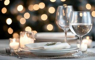 A beautifully arranged dinner table features pristine plates and sparkling glassware. Soft candlelight creates a warm atmosphere, enhancing the delightful dining experience photo