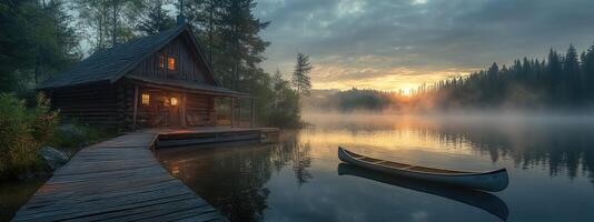 un de madera cabina soportes por un pacífico lago durante amanecer, con calentar luces brillante desde el ventanas un canoa descansa tranquilamente en el todavía aguas, rodeado por niebla y alto arboles debajo un pastel cielo foto