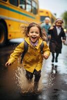 Excited children in yellow raincoats run through puddles, splashing water as they enjoy a rainy day near colorful school buses, embracing the carefree spirit of youth photo