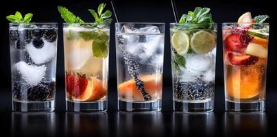 Refreshing display, row of iced beverages arranged with assorted ingredients on table, vibrant drink styling, mix of alcoholic and non-alcoholic options, emphasizing chilled refreshment photo