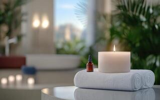 A tranquil spa environment showcases a glowing candle and a small bottle of essential oil resting on a neatly folded towel. Lush greenery adds to the calming atmosphere photo