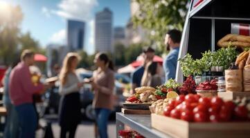 A lively street market features a variety of fresh produce and delicious snacks. People engage in conversations while savoring the vibrant atmosphere and delicious offerings under the warm sun. photo
