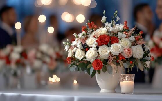 A beautiful bouquet of red and white roses sits on a table, creating a charming focal point. Soft lighting and guests celebrating in the background add to the event's joyful ambiance photo