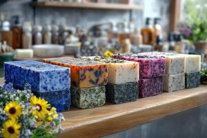 Craftsmen showcase an array of colorful handcrafted soaps on a rustic wooden counter surrounded by decorative plants and natural light. The workshop exudes warmth and creativity photo