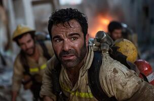 Exhausted firefighters navigate through the debris-filled environment, focused on rescuing survivors while battling the ferocious flames and smoke engulfing the area. photo