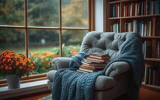 A comfy armchair is situated by a large window, surrounded by tall bookshelves. Rain gently falls outside, while a pile of books rests atop a soft blanket. Bright flowers add a touch of color photo