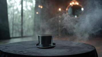 At a smoke and mirrors day gathering, a black top hat sits center stage on a dark table, surrounded by wisps of fog and illuminated by soft lighting, creating an intriguing atmosphere photo