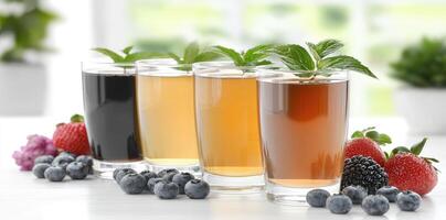 Refreshing display, row of iced beverages arranged with assorted ingredients on table, vibrant drink styling, mix of alcoholic and non-alcoholic options, emphasizing chilled refreshment photo