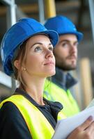 Two construction workers, a man and a woman, wearing blue helmets and high-visibility jackets, review project documentation while overseeing work at a busy construction site in daylight photo