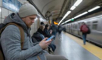 A man sits on a bench at a subway station, focused on his smartphone. Several other commuters wait nearby, all immersed in their devices as a train approaches photo